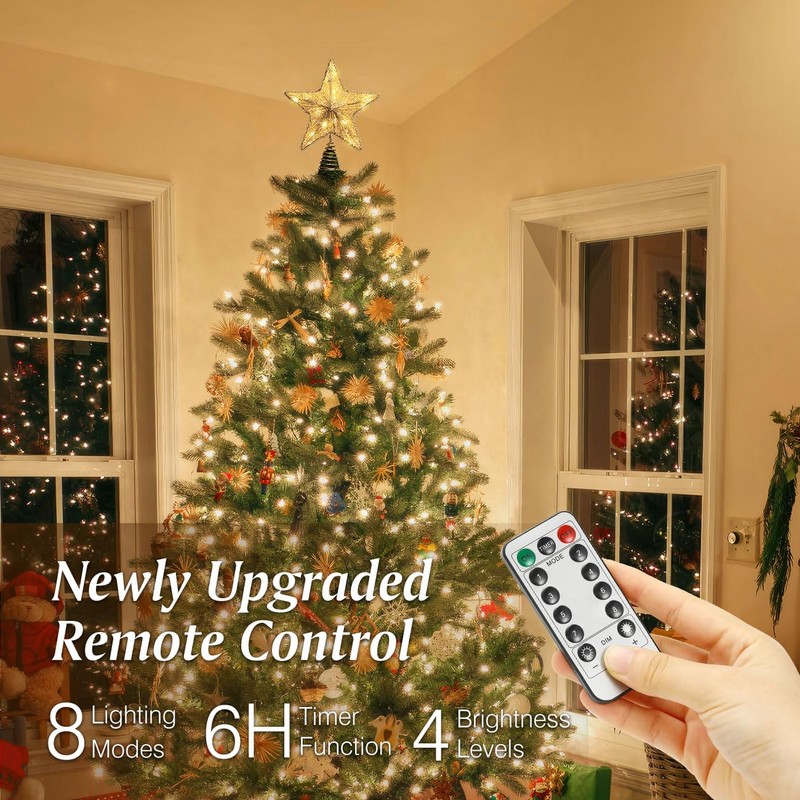 Lewondr Christmas Star Tree Topper, USB Powered Remote Controlled 6H