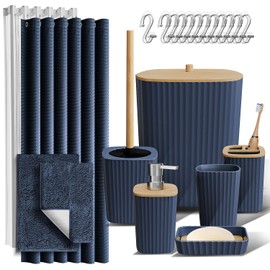 Clara Clark Bathroom Accessories Set - Navy Bathroom Set, Bathroom Sets with Shower Curtain and Rugs, 22PC Shower Curtain Set with Bathroom Trash Can