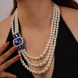 Missgrace Gargantilla para mujer, estilo bohemio de los años 20, estilo vintage, con perlas y diamantes de imitación, collar largo y perlas, conjunto de joyería para fiesta de graduación, collar grueso para mujer (azul)