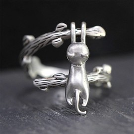 Funny Animal Cute kitty Little Cat Climb Branch Finger Ring Twig Thorns Tree Hanging Cat Pet Ring Open Adjustable for Women Delicate Jewelry-cat