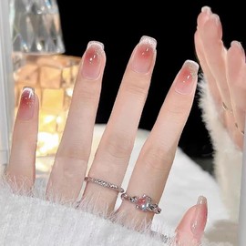 LIyun&Hang Press on Nails Medium-length 24Pcs Glossy Full Cover Artificial Fake Nails，Cheek Color French Tip Cat Eyes Flashing Design, Reusable Stick On Nails in Fake Nails (type-4)