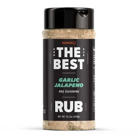 Kosmos Q The Best Garlic Jalapeno Rub, Garlic Jalapeno Pepper Seasoning & BBQ Dry Rub For Chicken, Shrimp, Wings, Salmon, Grilled Veggies & More, Bold Savory BBQ Spice Blend, 15.1 Oz Shaker Bottle