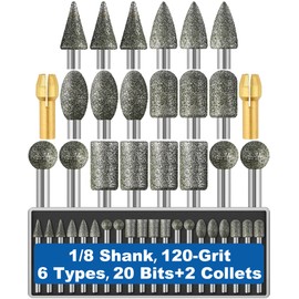 20Pcs 120-Grit Diamond Grinder Bit 1/8" Shank with 2 Collets Compatible with Dremel Rotary Tool Attachment Accessories Grinding Burrs for Stone Glass Resin Porcelain Ceramic Quartz Glaze Steel Carve