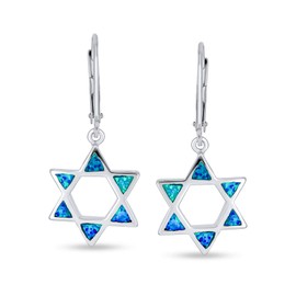 Created Blue Opal Religious Judaica Magen Hanukkah Star Of David Leverback Dangle Earrings For Women Teens Bat Mitzvah .925 Sterling Silver