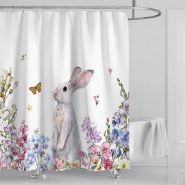 ZCHOMI Spring Easter Bunny Shower Curtain Cute Rabbit Floral Plant Shower Curtains for Bathroom Waterproof Polyester Fabric Bathroom Curtain 72 x 72 Inch with 12 Plastic Hooks