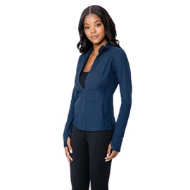 90 Degree By Reflex Womens High Neck Ribbed Performance Spring Jacket with Thumbholes - Dark Navy - XL