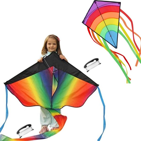 Coloful Kite for Kids, 2 Pack Colorful Diamond and Rainbow Delta Kite for Kid and Adults, Kite for Children, Easily Fly in Strong or Light Winds, Kite for Adults and Children Outdoor Activities