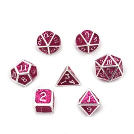 DollaTek 7pcs Polyhedral Metal Dice Set with Black Storage Bag for Role Play Dungeons and Dragons D & D Math Teaching (Shiny Rose Red)
