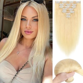 Yekartary Clip in Hair Extensions Real Human Hair 100% Remy Hair 18inch 7PCS Straight Hairpieces Clip-ins for Women Bleach Blonde