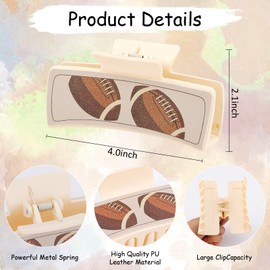 Hapdoo Football Western Claw Clips, PU Leather Square Hair Clips Western Accessories for Cowgirl, 4” Western Hair Clips Set Country Stuff Gifts for Women Girls