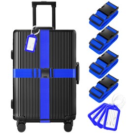 8 Pack Luggage Straps and Tags Set (4 Straps, 4 Tags), Luggage Straps for Suitcases TSA Approved Suitcase Belt Luggage Tags, Blue