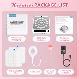 heemeei Nail Dust Collector, Dust Collector Nail Tech with LED Light & 2Pcs Reusable Filters & Cleaning Brush, Nail Fan Vacuum Dust Collector for Manicure Acrylic Gel Nails Polishing, Salon Home
