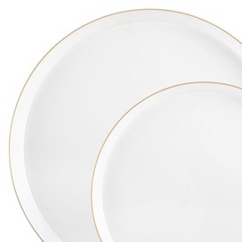 EcoQuality 8 inch White Salad Plates with Gold Rim – Disposable, Elegant, Versatile Plates, Everyday Use, Parties, Desserts, Special Occasions – BPA-Free, Easy to Clean, Stylish Tableware (50)