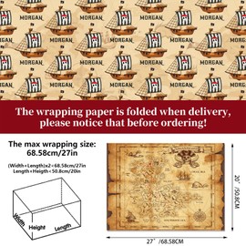 MORAINJAY 12 Sheets Pirate Wrapping Paper, Pirate Gift Wrap for Kids Birthday Party, Treasure Map Gift Wrap for Boys and Girls Party Supplies 68 x 50cm