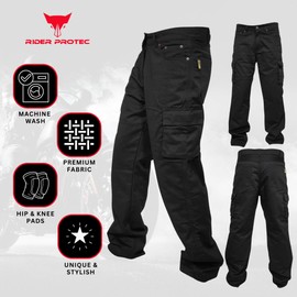 Rider Protec® Mens Motorcycle Cargo Pants Protective Aramid Lining Motorbike Riding Hip and Knee Armour Jeans Black
