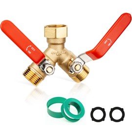 SheeChung RV Hose Splitter 2 Way Heavy Duty, Garden Hose Splitter With Stainless Steel Long Handle, Brass Outdoor Faucet Y Valve Splitter, Full Flow Splitter For 3/4" GHT Threads Hose Connector, Red