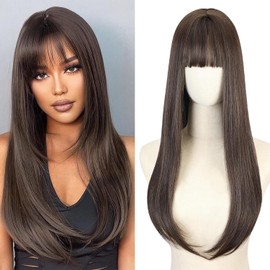 Creamily Long Brown Wig with Bangs, Middle Part Straight Wigs for Women, Glueless Natural Looking Synthetic Brown Hair Wigs, Long Straight Hair Wig for Daily Party Use 24 Inches