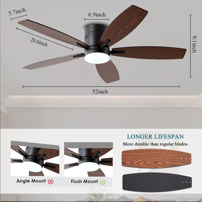 Ayaoty Ceiling Fans with Lights, 52" Low Profile Indoor Ceiling