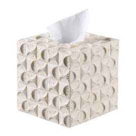 Natural Travertine Textures Tissue Box Cover Square for Home Decor, Relief Sculptured Geometric Cube Resin Heavy Tissue Box Holder for Bathroom Countertop, Tabletop, Night Stand, Office Desk (Beige)