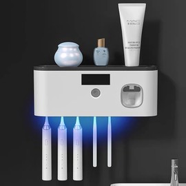 Wall Mounted Toothbrush Holder with Toothpaste Dispenser Electric Toothbrush Holder for Bathroom Solar Charging and No Drilling Required Smart Toothbrush Organizer with 5 Brush Slots（Black）