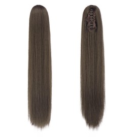 FESHFEN Long Ponytail Hairpiece - Straight Brown Braid Extensions with Clip Synthetic Hair Extension Claw Clip in Ponytail Hair Extension for Women, 63 cm