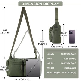 Nylon Crossbody Messenger Bag for Women,Large Shoulder Bag Hobo Tote Bag with Multi-pocket,Lightweight Computer Crossbody Bag Hand Bag with Zipper for Travel Work(Green)