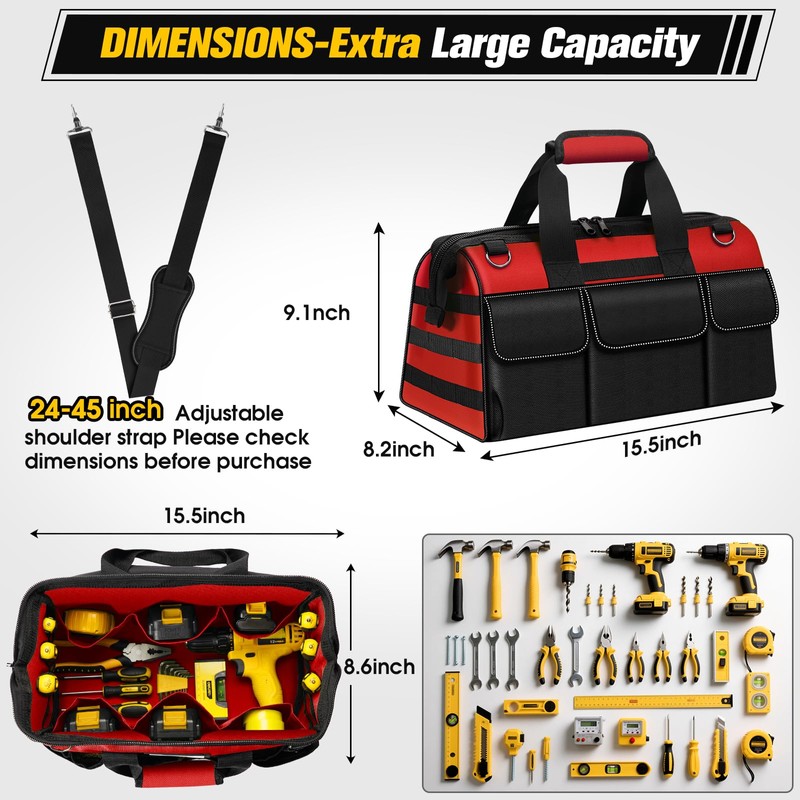 16-Inch Heavy Duty Tool Bag, 19-Pockets Tool Box Organizer, Portable