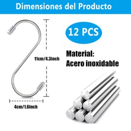 12 ganchos colgantes de acero inoxidable en forma de S,gancho metal en forma de S de 4.3 pulgadas, Gancho de Almacenamiento para Baño de Cocina,para utensilios recámara, ropa, bolsas(11cm)