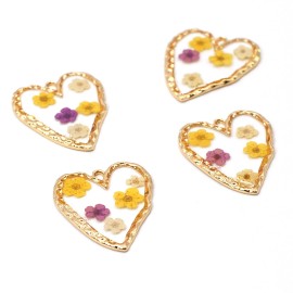 4PCS Gold Tone Real Dry Flower Resin Irregular Heart Charm Pendant Supply GBY706