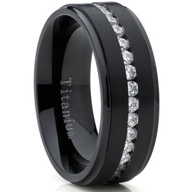 Metal Masters Black Titanium Men's Eternity Wedding Band Ring with Cubic Zirconia CZ, Comfort Fit 8mm SZ 10.5