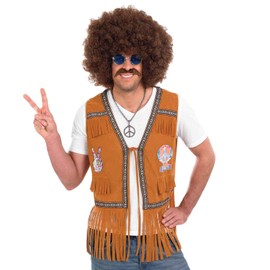Fun Shack Hippie Waistcoat Men Brown Costume - 60s Hippy Fancy Dress Outfit for Men - Retro Festival Attire, X-Large