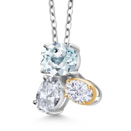925 Silver and 10K Yellow Gold Sky Blue Aquamarine White Topaz and White Moissanite Pendant Necklace For Women (2.70 Cttw, Oval 8X6MM, 7X5MM and 6X4MM, Gemstone March Birthstone, with 18 Inch Chain)