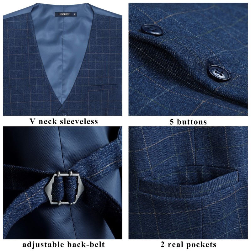 Hisdern Men’s Formal Plaid Wedding Reception Suit Waistcoat in Cotton,
