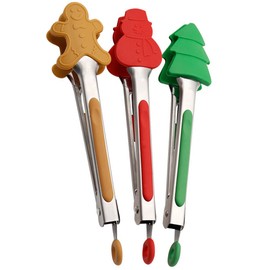 Zerodeko 3 pinzas de cocina de Navidad de silicona con mango de acero inoxidable, lindo árbol muñeco de nieve, pan de jengibre en forma de barbacoa para servir alimentos, cubitos de hielo, frutas, azúcar