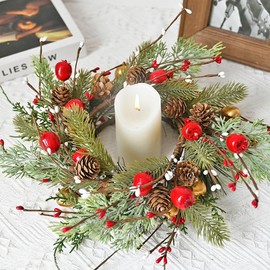 Artificial Norfolk Pine Candle Rings Wreaths with Blue Berry,Xmas Candlerings for Pillar Candle Holiday Mantle Table Decor (Red)