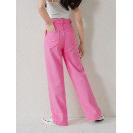 WDIRARA Girl's High Waist Marble Print Button Straight Leg Jeans Denim Pants Pink Plain 140