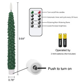 Lasumora LED Flameless Taper Candles with Remote Timer, Battery Operated Waxy Window Candlesticks with 3D Flame Wick, 9.64 Inch Flickering Green Christmas Tree Candles 4 Pcs for New Year Celebration