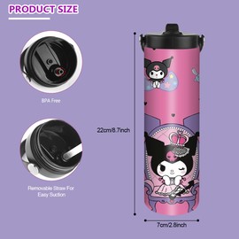 HOOKTA Kuromi Stainless Steel Water Bottle, 590 ml, Stainless Steel with Handle, Kitty Sport Water Bottles with Straw, Leak-Proof, Reusable Drink Cup (Sitting)