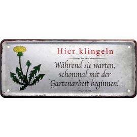 WOGEKA ART Retro Tin Sign with German Text "Hier klingeln und Schon mal Unkraut ppfücken" [German Language] Funny Saying Gift Idea Birthday Christmas Decoration 20 x 30 cm Vintage Design Metal 1536