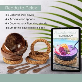 PRATYAHARA Coconut Bowls with Spoons and Stands - Set of 4 Bowls Made of Coconut Bowls + Spoons and Wobble-free Holders for Salad