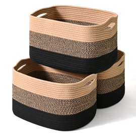 ICERZCZ Storage Baskets for Organizing Shelves, Decorative Baskets for Storage, Woven Cotton Rope Basket for Living Room Bedroom Nursery, 15"x11"x9.5", 3 Packs, Gradient Black & Jute