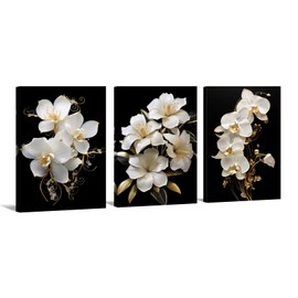 3PCS Orchid Canvas Art Flower Wall Decor Framed White Gold Floral Pictures Modern Painting Prints for Home Living Room Bedroom Ready to Hang - 11.00"x14.00"x3P