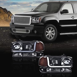 G-PLUS LED Headlights Assembly Fit GMC Sierra 1500HD 2500HD 3500 1999-2007/Fit GMC Yukon XL 1500 2500 1999-2006,DRL Headlamps Smoky Lens Black Housing Amber Reflector,faros delanteros
