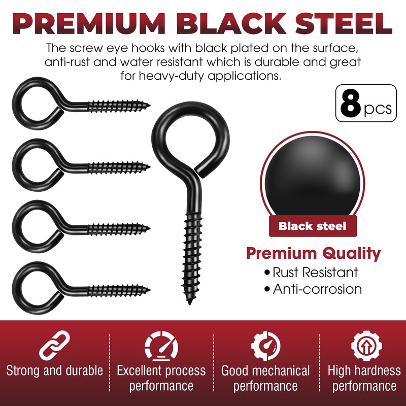8PCS Screw Eyes, 3.2 Inch Black Eye Hooks Screw Self