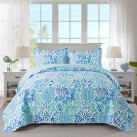 Travan Coastal Quilt Summer Quilt Queen Size, Ultra Soft & Lightweight Beach Quilt Bedding Set, Light Blue Quilt for All Season, Blue Coral, Queen