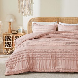BEDELITE Boho Comforter Set Queen Size, Dusty Pink Tufted Striped Bed Set 3 Pieces, Soft Vintage Farmhouse Comforter for All Seasons, Boho Home Decor,Fluffy Jacquard Bedding with 2 Pillow Shams