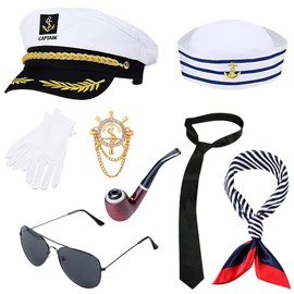 Mineup 8Pcs Yacht Captain Hat Costume Accessories Set, Captain Sailor Costume Set Boat Navy Hat Captain Hat Sailor Hat Scarf Sunglasses Captain Sailor Dress Up Party Costume for Kids Men Women