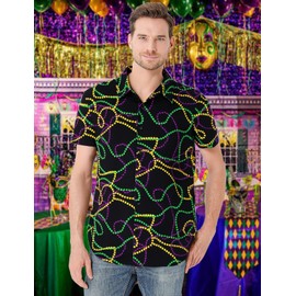 LINOCOUTON Mardi Gras Shirt for Men Button Down Up Purple Green Gold Beads Outfits, Beads, Large