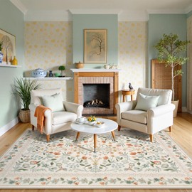 Lahome Floral Area Rug 9x12, Non-Slip Untra-Thin Washable Living Room Rugs, Vintage Botanical Print Low-Pile Soft Carpet for Bedroom Dining Room Office, Beige