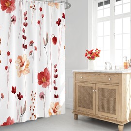 Gibelle Watercolor Floral Shower Curtain, Red Beige Flower Shower Curtain for Bathroom, Modern Minimalist Waterproof Fabric Shower Curtain Set with Hooks 72x72 Inch